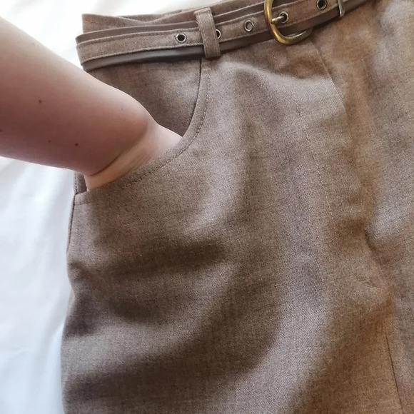 Vintage Newport Pure Virgin Wool Camel Tan Midi Skirt with Belt and Pockets XS - Picture 9 of 16